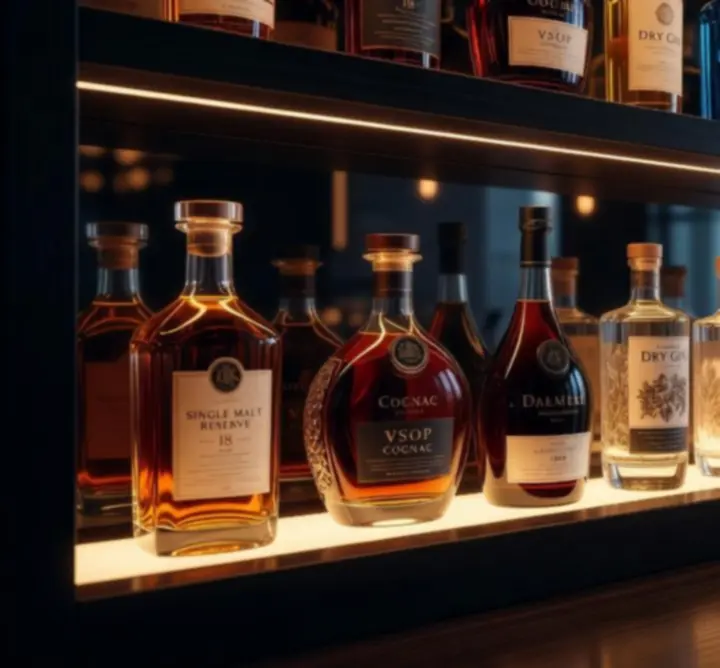 Butelki alkoholi premium i szkło degustacyjne na barze w Aftepl Club
