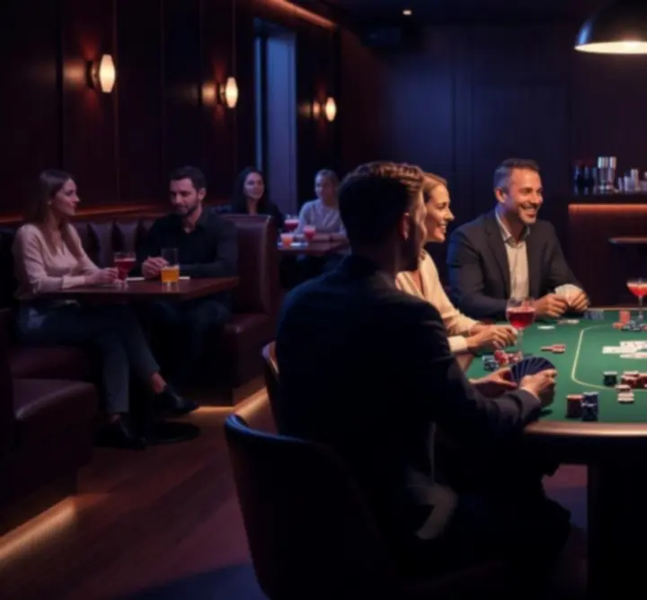Wieczorna rozgrywka przy stole pokerowym w nastrojowym barze